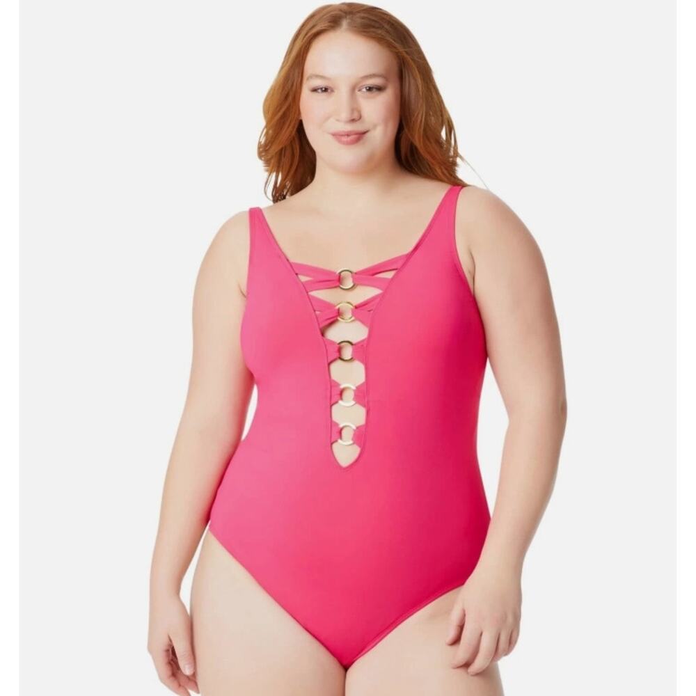 NWT Sz 14 Bleu Rod Beattie Pink One Piece Swimsuit Lace-Up Over Shoulder Resort